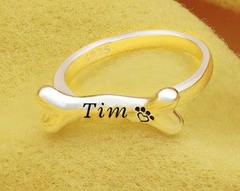 Personalized Dog Bone Ring 925 Sterling Silver Custom Name Pet Ring for Dog Lover