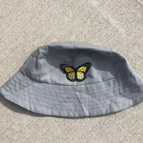 Grey Denim Butterfly Unisex Bucket Hat, Stylish Hat, Great for Sun Protection, Perfect for Daily Use and Vacations, Homemade in USA