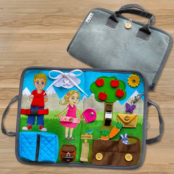 BUSYBAG : BusyBoard en tissu - Maitrise des Fermetures, Lacets et Zips - Valise d'activités - Jouet Motricité fine - Enfant 2 à 6 ans