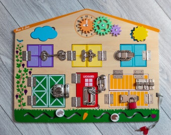 LOCKBOARD: Busyboard aus Holz - Realistische Lernspielzeug - Riegelbrett - Entwickelt die Beherrschung von Verschlüssen - Kinder 2-6 Jahre