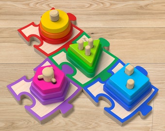 SHAPEBOARD : Wooden puzzle - Educational shapes and colors toy - Different shapes to stack - Fine motor skills - child from 1 to 5 years old