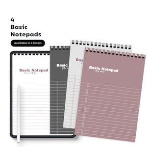 May include: Four basic spiral bound notepads in different colors: white, gray, pink, and black. Each notepad has the text "Basic Notepad" printed on the front.