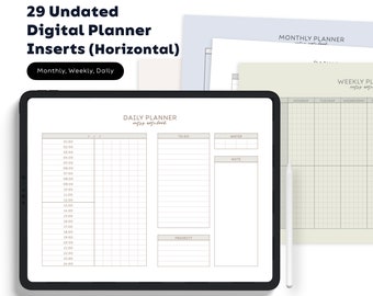 Undated Digital Planner Inserts: Daily, Weekly, Monthly (Horizontal) (Digital Printable)