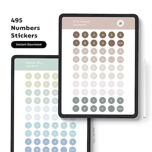 May include: A digital tablet screen displaying two sets of number stickers in different color palettes. The first set is in shades of brown and beige, labeled "M for Morandi". The second set is in shades of blue and green, labeled "Summer Wind". Both sets include numbers 1 through 9 and 0.