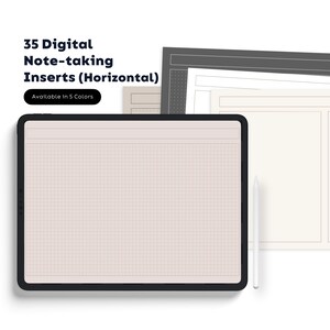May include: A digital tablet with a black frame and a white stylus. The screen displays a gridded note-taking template. The text "35 Digital Note-taking Inserts (Horizontal)" is displayed above the tablet. The text "Available in 5 Colors" is displayed below the tablet.