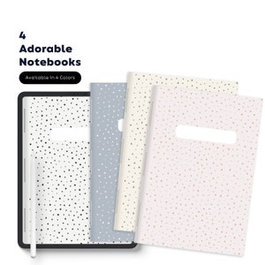 Puede incluir: Cuatro cuadernos con diferentes patrones de lunares. Los cuadernos son en blanco y negro, azul claro, crema y rosa claro. El texto "4 Adorable Notebooks" y "Available in 4 Colors" está en la parte superior de la imagen.