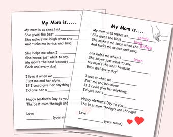 Mother&#39;s Day Printable I Love My Mom Fill in the Blank Worksheet Poem All About My Mom Instant Download for Kids Mother&#39;s Day Gift Son Daugh