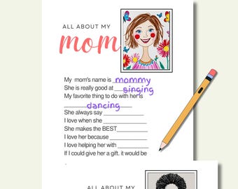 All About My Mom Fill in the Blanks Activity Sheet for Mom&#39;s Day Fun Gift Idea from Kids School I Love My Mom Questions Instant Download