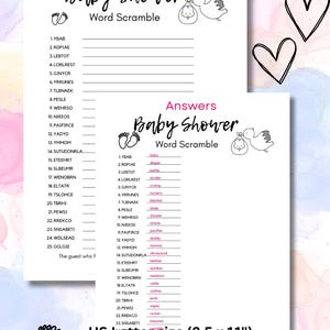May include: Baby shower word scramble game in US Letter size (8.5 x 11 inches). Includes a PDF file with a word scramble and answer key. Features baby-themed graphics and is a digital download.