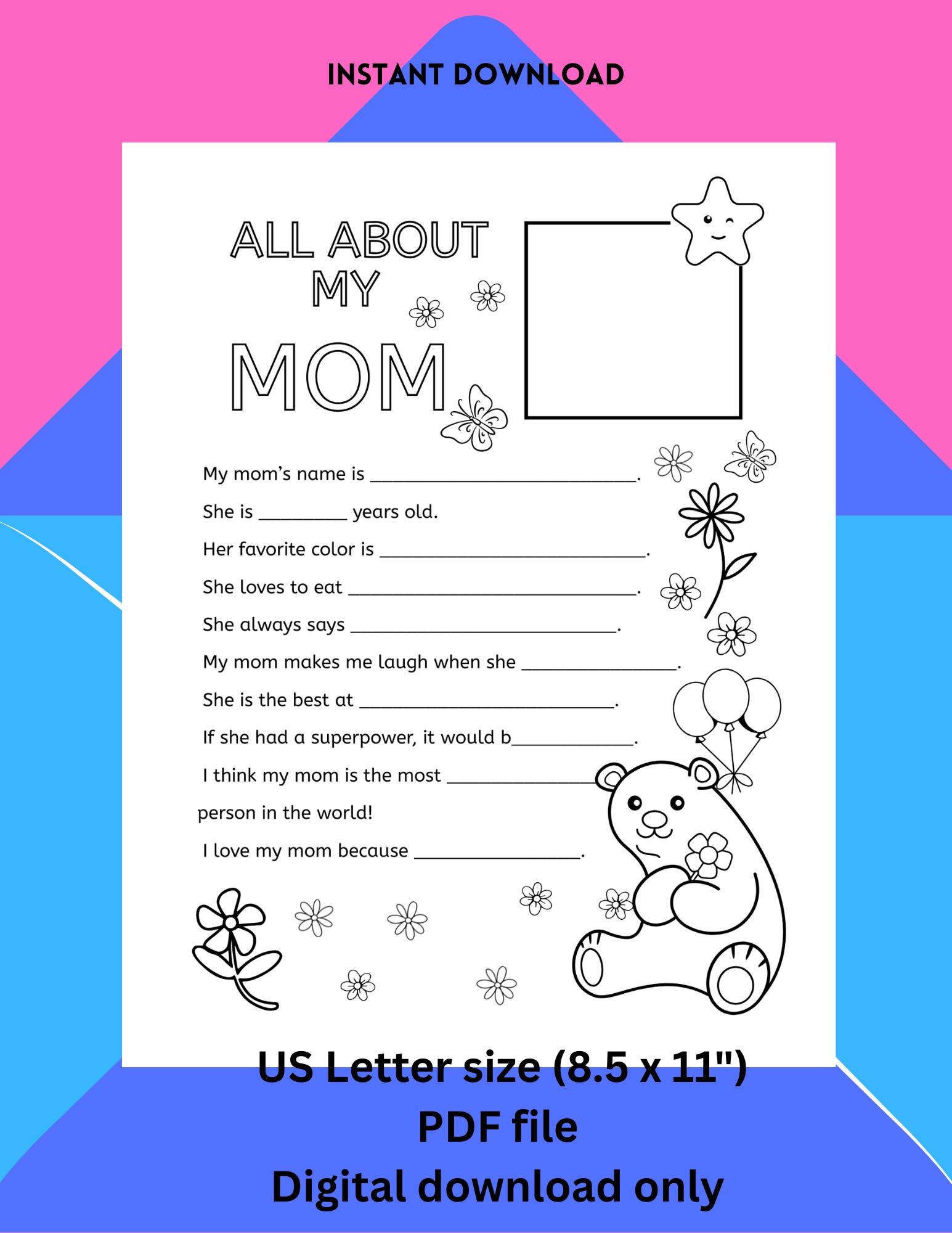 Mother's Day Printable Coloring Page | All About My Mom Quiz | Gift for Mom | Kindrgarden | Preschool | Instant Download | Coloring Page