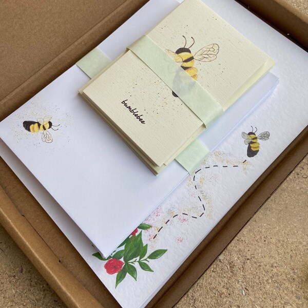 Bee Stationery Gift Set, with writing paper, envelopes, note cards, notebook and pen, with bee design