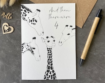 New baby card, family of 4, second child, gender neutral, giraffe safari card, suitable for adoption and fostering