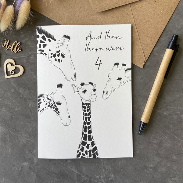 New baby card, family of 4, second child, gender neutral, giraffe safari card, suitable for adoption and fostering