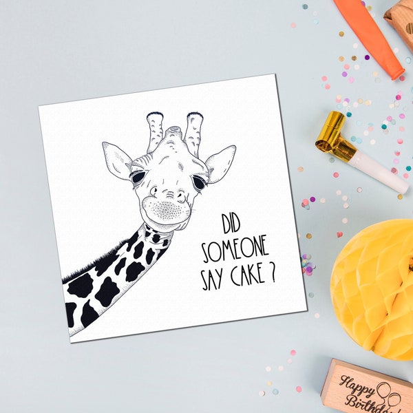 Giraffe Birthday Card, Cake Birthday Card, Funny, Minimalist, black and white, for Colleague, for Teen, Male or Female