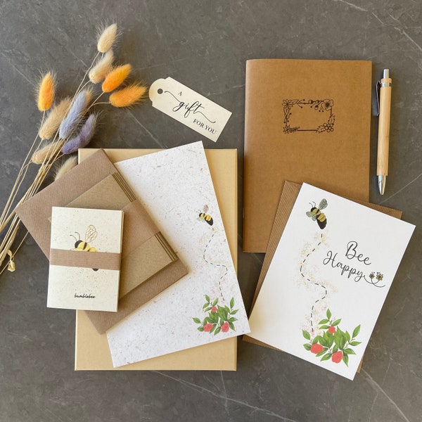 Bee Stationery Gift Set, Bee writing paper, notecards and notebook, Eco friendly gift set