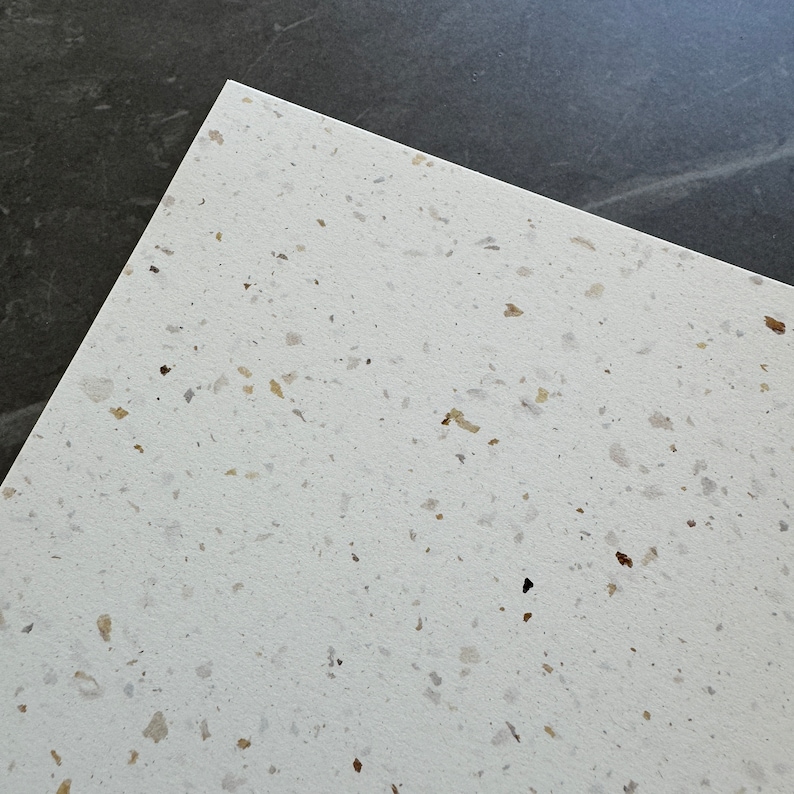 Puede incluir: Primer plano de una superficie blanca moteada con peque&ntilde;as motas marrones y doradas. La superficie es lisa y tiene una textura sutil.