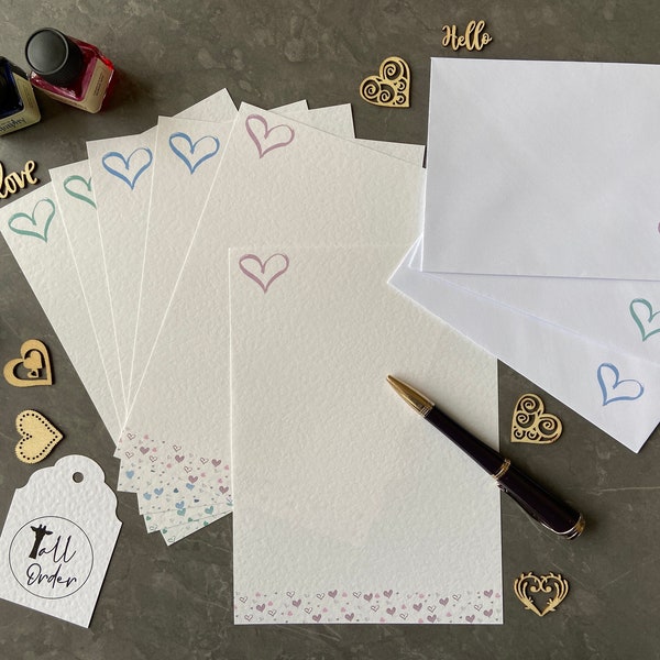 Writing paper set with envelopes, heart pattern, 10 sheets 20 sheets or 30 sheets, for love letters, pen pals, wedding vows