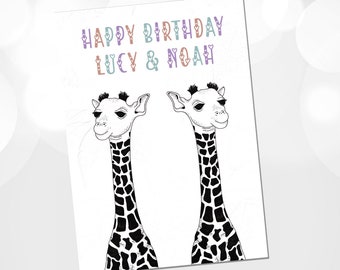 Personalised Twins birthday card, Baby Twins Birthday Card, Giraffe Birthday Card, Safari Theme Twin Card, Gender neutral boy and girl twins