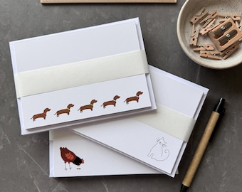 Note Cards with envelopes, Cats Dogs and Chicken Illustrated Correspondence Cards, Dachshund Dog, Sausage Dog, Set of blank cards, Thank You