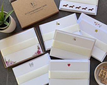 Boxed set of Note Cards, Correspondence Cards in Gift Box, Set of 10 Illustrated Postcards with Matching Illustrated Envelopes