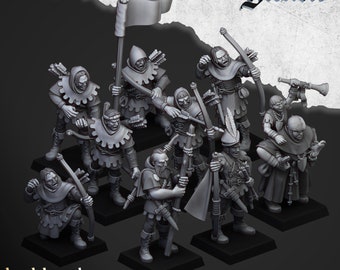 May include: A set of ten unpainted miniature figures of Gallic archers, each holding a bow and arrow. The figures are posed in various stances, some with their bows drawn and others with their arrows nocked. The figures are made of a gray plastic material and are ready to be painted.