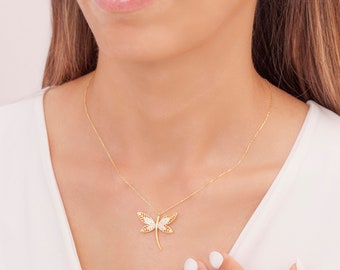 Dainty 925K Sterling Dragonfly Charm Pendant Necklace, Dragonfly Necklace, 925 Sterling Silver, Gold Rose & Gold Plated