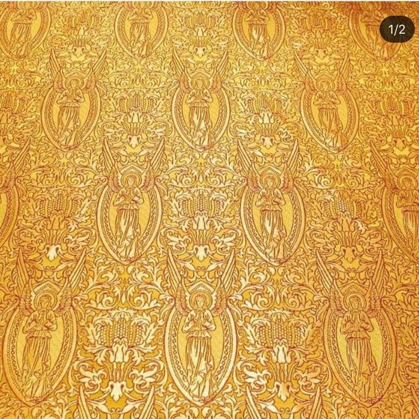 Gold angel liturgical brocade. Lighweight church fabric. Sold by meter. Fabric for clergy vestment. Ecclesiastical apparel. Altar fabric