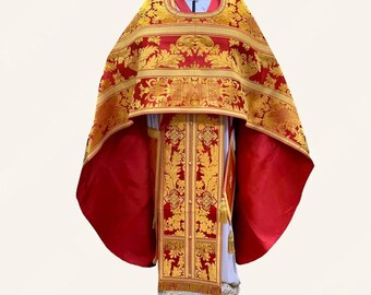 orthodox priest vestments. Greek red metallic brocade. Red clerical vestment. Orthodox Set vestment. Ecclesiastical apparel