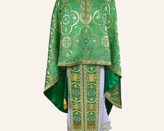 Green priest set vestment. Nonmetallic lightweight brocade.  Liturgical orthodox vestments. Ecclesiastical apparel. Priest clergy vestment