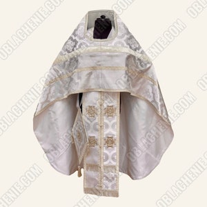 White orthodox priest vestments. Lightweight liturgical vestments. Nonmetallic brocade. Orthodox clerical vestments. Priest robe.