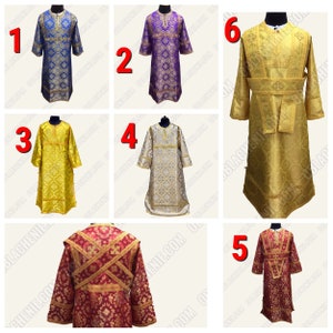 May include: Six different styles of liturgical vestments, each with a different color and pattern. The vestments are made of a brocade fabric with gold trim. The vestments are all long-sleeved and have a collar. The vestments are all in different colors, including blue, purple, yellow, silver, gold, and red.