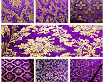 May include: A collection of nine fabric swatches in various purple and gold patterns. The fabrics feature intricate designs with floral motifs, geometric shapes, and crosses.