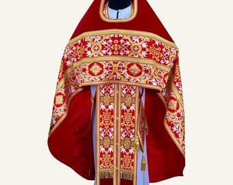 Orthodox priest vestments. Red greek metallic brocade