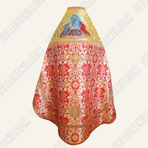 May include: A red and gold liturgical vestment with an embroidered image of the Virgin Mary and Child. The vestment has a floral pattern and a gold trim.