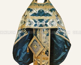 Green priest set vestment. Metallic lightweight brocade.  Liturgical orthodox vestments. Ecclesiastical apparel. Priest clergy vestment
