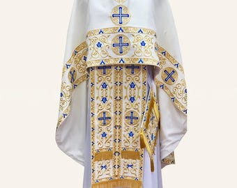 EMBROIDERED PRIEST'S VESTMENTS. Greek style vestments. White Italian silk. Orthodox priest vestment. Clerical vestment. Priest set robe