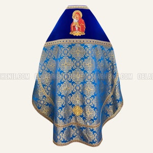 May include: A blue liturgical vestment with gold embroidery and a red icon of the Virgin Mary and Child.