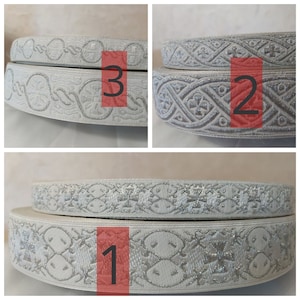 Galón blanco plateado. Cinta de galón de iglesia de 2,5 cm (1") y 4 cm (1,57") para vestimentas. Adorno de vestimenta litúrgica en jacquard. Galón metálico.