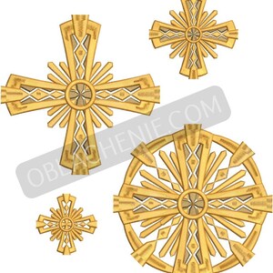 Puede incluir: Cuatro diseños de cruces de color dorado con detalles intrincados. Las cruces son de diferentes tamaños y orientaciones. La cruz más grande está en el centro de la imagen y tiene una forma circular. Las otras tres cruces son más pequeñas y tienen una forma más tradicional.