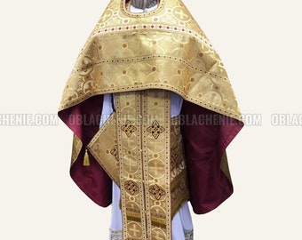 Gold lightweight orthodox priest vestments. Orthodox church priest vestment. Clerical vestment. Ecclesiastical apparel. Custom vestment