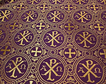 May include: Purple fabric with a repeating pattern of gold circles containing the Greek letters Alpha and Omega, a cross, and a decorative design.