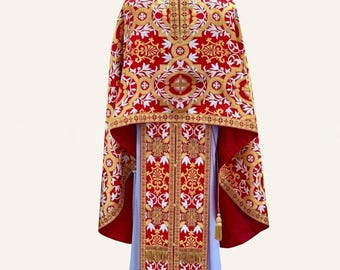 Red orthodox priest vestment. Metallic greek brocade. Priest clergy vestment. Priest robe. Ecclesiastical apparel. Orthodox set vestment