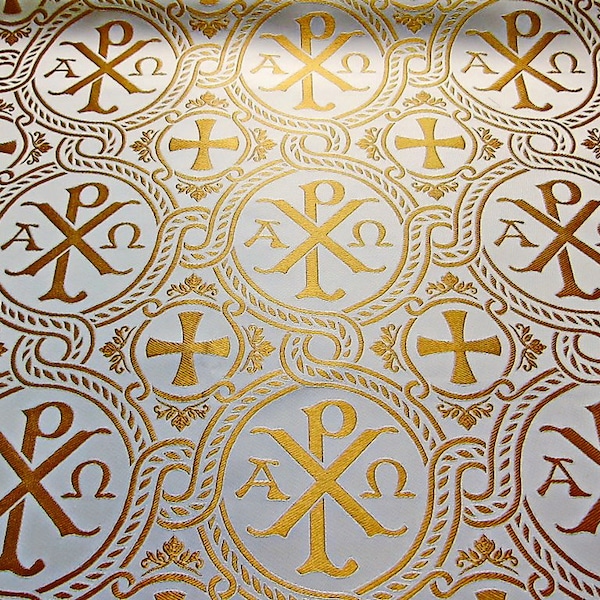 Church fabric with Background ΑΡΧΩ, gold Chi Rho symbol,Dalmatic, Clergy Cloths, Vestment Brocade, Robe, Nonmetallic brocade.