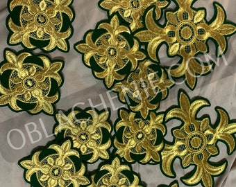 May include: A collection of 12 gold and green embroidered patches with intricate floral designs. The patches are perfect for adding a touch of elegance to clothing, bags, or other accessories.