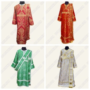 May include: Four different liturgical vestments, each with a different color and pattern. The vestments are made of brocade fabric and have gold trim. The vestments are displayed on mannequins.