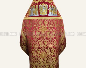 Könnte beinhalten: Rotes und goldenes liturgisches Gewand mit einem detaillierten floralen Muster und einer Szene mit religiösen Figuren, die oben gestickt sind.
