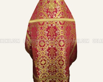 May include: A red and gold liturgical vestment with a floral pattern and a cross design. The vestment is made of brocade fabric and has a gold trim.