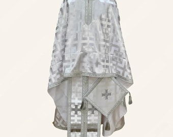 White orthodox priest vestment. Greek style priest robe. Ecclesiastical apparel. Clerical vestment. Custom church vestment.