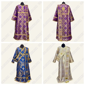 May include: Four different liturgical vestments, each with a different color and pattern. The vestments are made of brocade fabric and have gold trim. The vestments are displayed on mannequins.