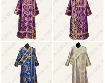 Deacons vestment. Deacon set vestment. Nonmetallic brocade. Custom vestments. Cross patch. Lined, metallic buttons, metal gallon.